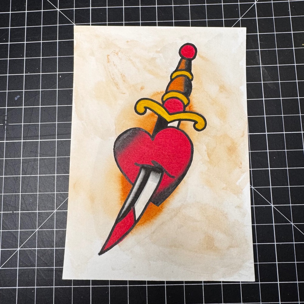 Handcrafted Tattoo Flash‎ Heart and Dagger, Traditional Tattoo Style Inked Art